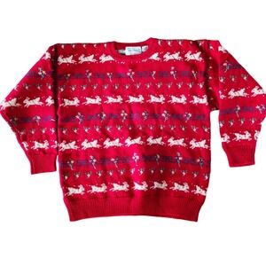 DEANS of‎ Scotland Mens Vtg Red Sweater XL Reindeer 100% Wool *Several Holes!*